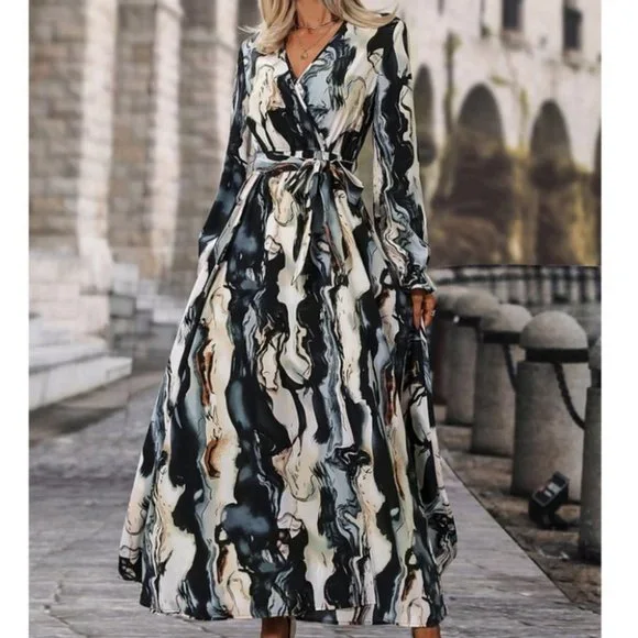 Belted Flounce Sleeve A-Line Marble Print maxi Dress - Picture 6 of 7